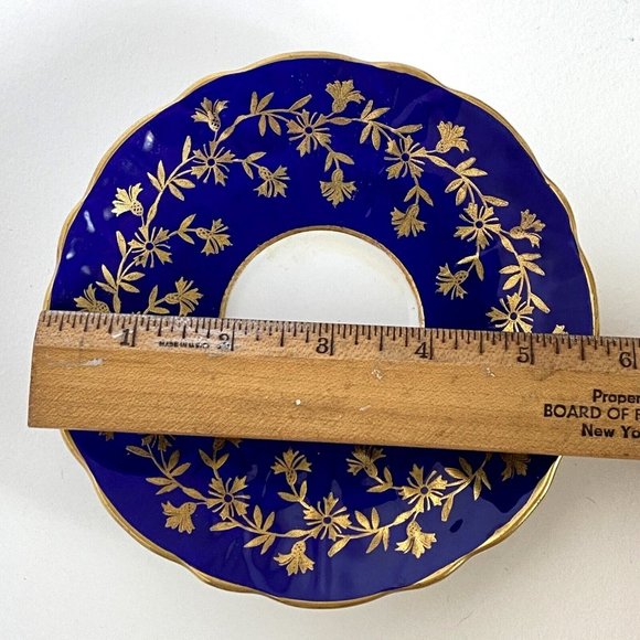 Aynsley Deep Blue No 28 Scalloped Border Gold Accent Floral Thistle Cup Saucer - Picture 11 of 11